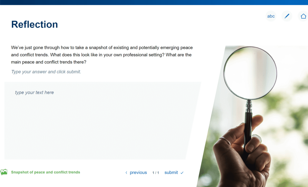 een open vraag in de elearning module voor interpeace, gemaakt door elearning training
