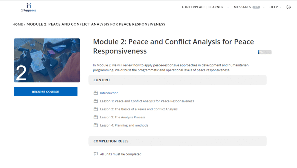 een cursus op het LMS (leermanagementsysteem) van interpeace, opgezet door elearning training